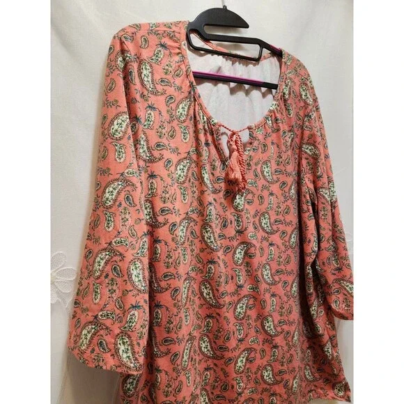 Belle Kim Gravel Womens XL Peach Blouse Paisley Stretchy Boho Cottage Peasant - Picture 2 of 14